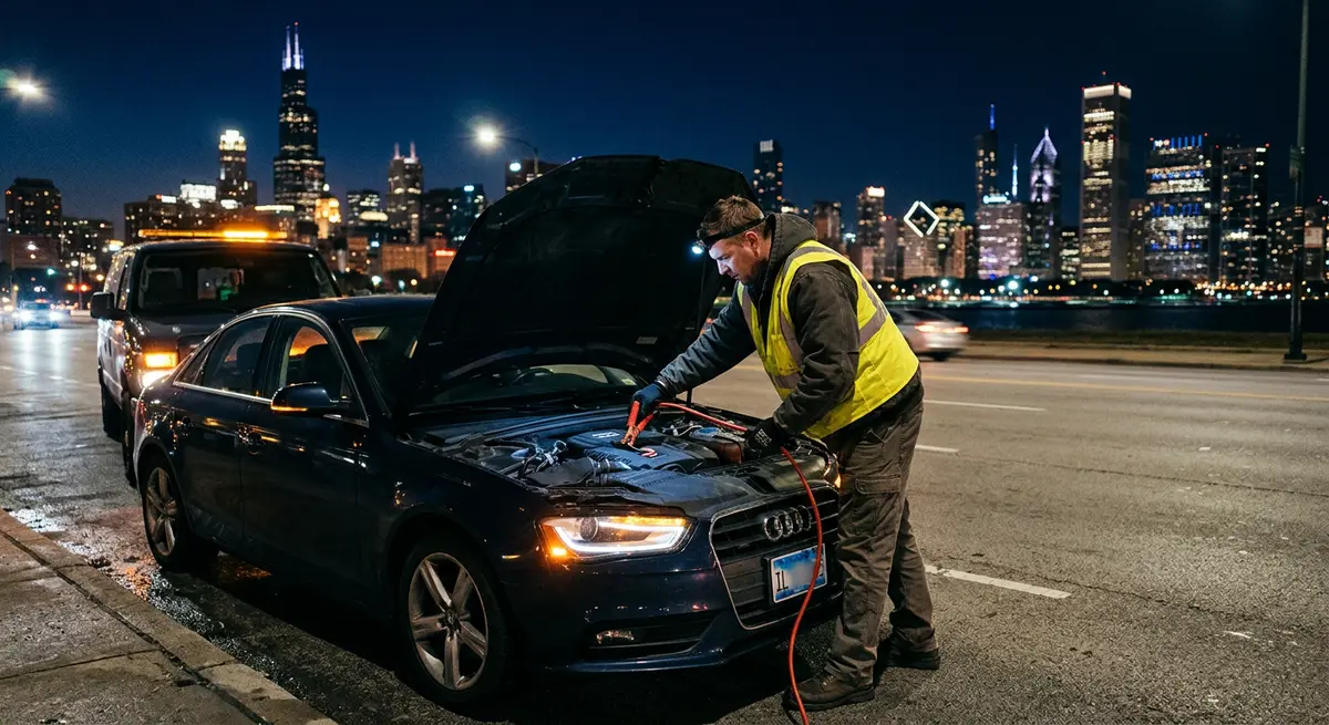 Roadside assistance technician in a yellow safety vest jump-starting a car at night with the Chicago skyline behind him